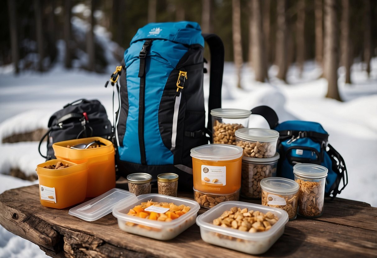 A cross country skier's backpack open to reveal freeze-dried meals stored in airtight containers, vacuum-sealed bags, and waterproof pouches