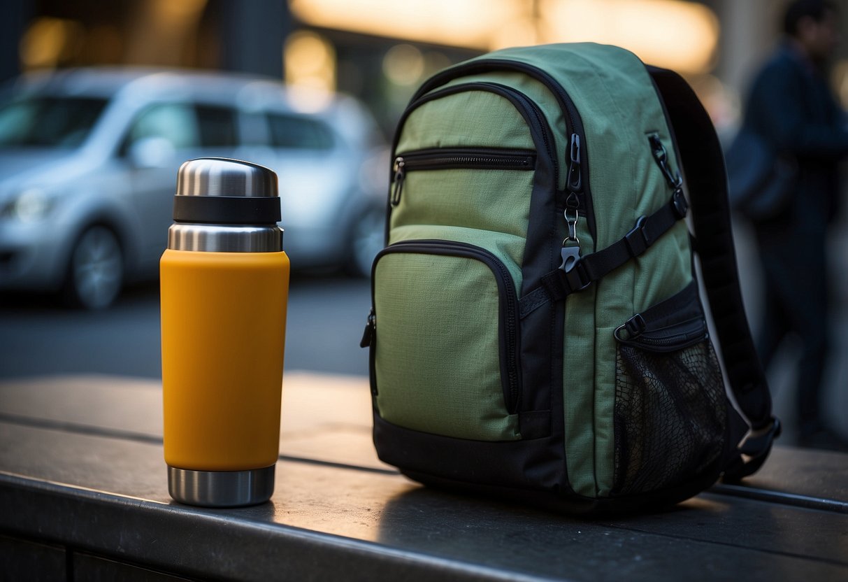 A backpack with insulated compartments holds food and drinks. A thermos keeps hot beverages warm. Airtight containers prevent spills. A cooler keeps perishables cold. A secure strap keeps the backpack in place