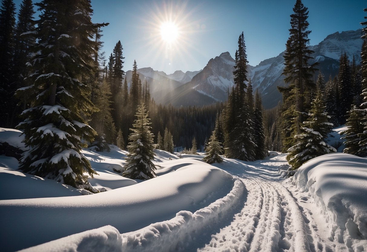 A snowy forest trail winds through the Canadian Rockies, with towering evergreen trees and snow-capped peaks in the distance. The sun glistens off the freshly fallen snow, creating a serene and picturesque cross-country skiing route