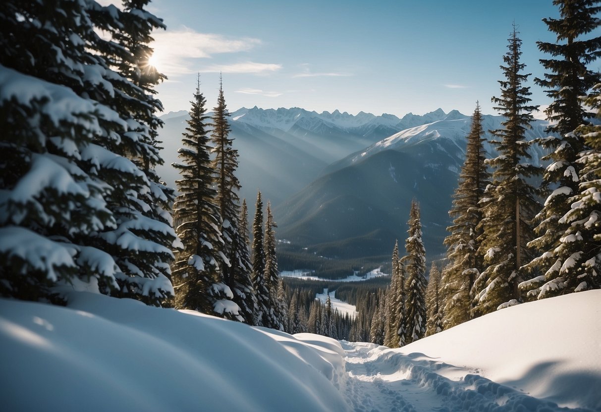 A snowy mountain landscape with winding cross country ski trails, surrounded by lush forests and snow-capped peaks in British Columbia's Kicking Horse Mountain Resort