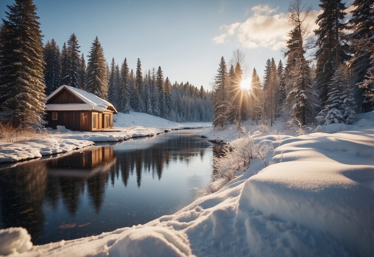 A snow-covered landscape surrounds Stokely Creek Lodge in Ontario, with winding cross country skiing routes cutting through the picturesque Canadian wilderness