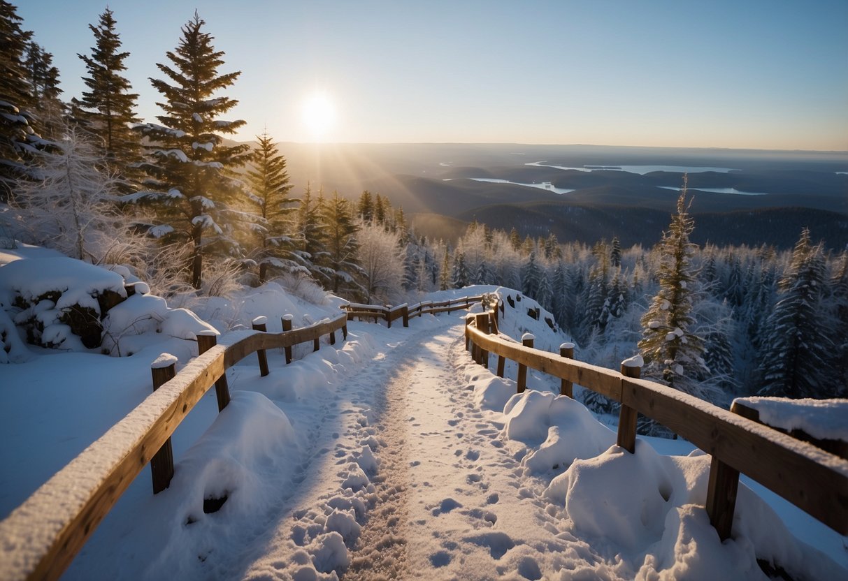 Snow-covered trails wind through Fundy National Park, showcasing the stunning Canadian wilderness. Tall trees line the paths, with glimpses of frozen rivers and serene mountain vistas