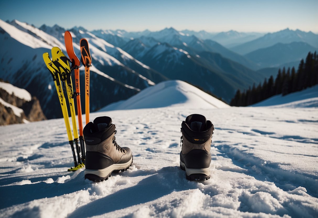 A snowy landscape with ski poles, boots, and a map laid out. Mountains in the background, with a trail leading off into the distance