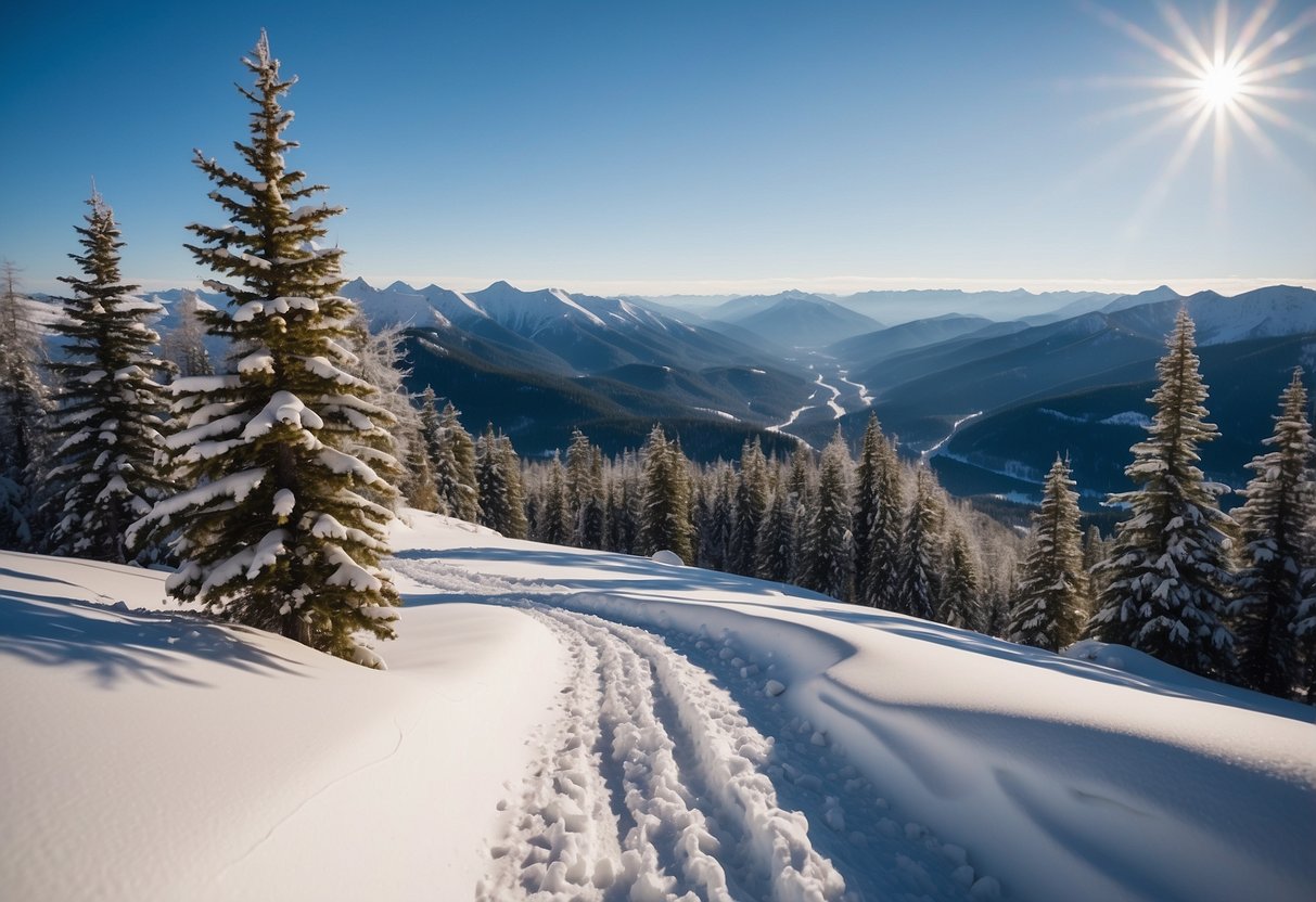 Snow-covered Canadian landscape with winding trails through forests and over rolling hills. Mountains in the distance with a clear blue sky overhead