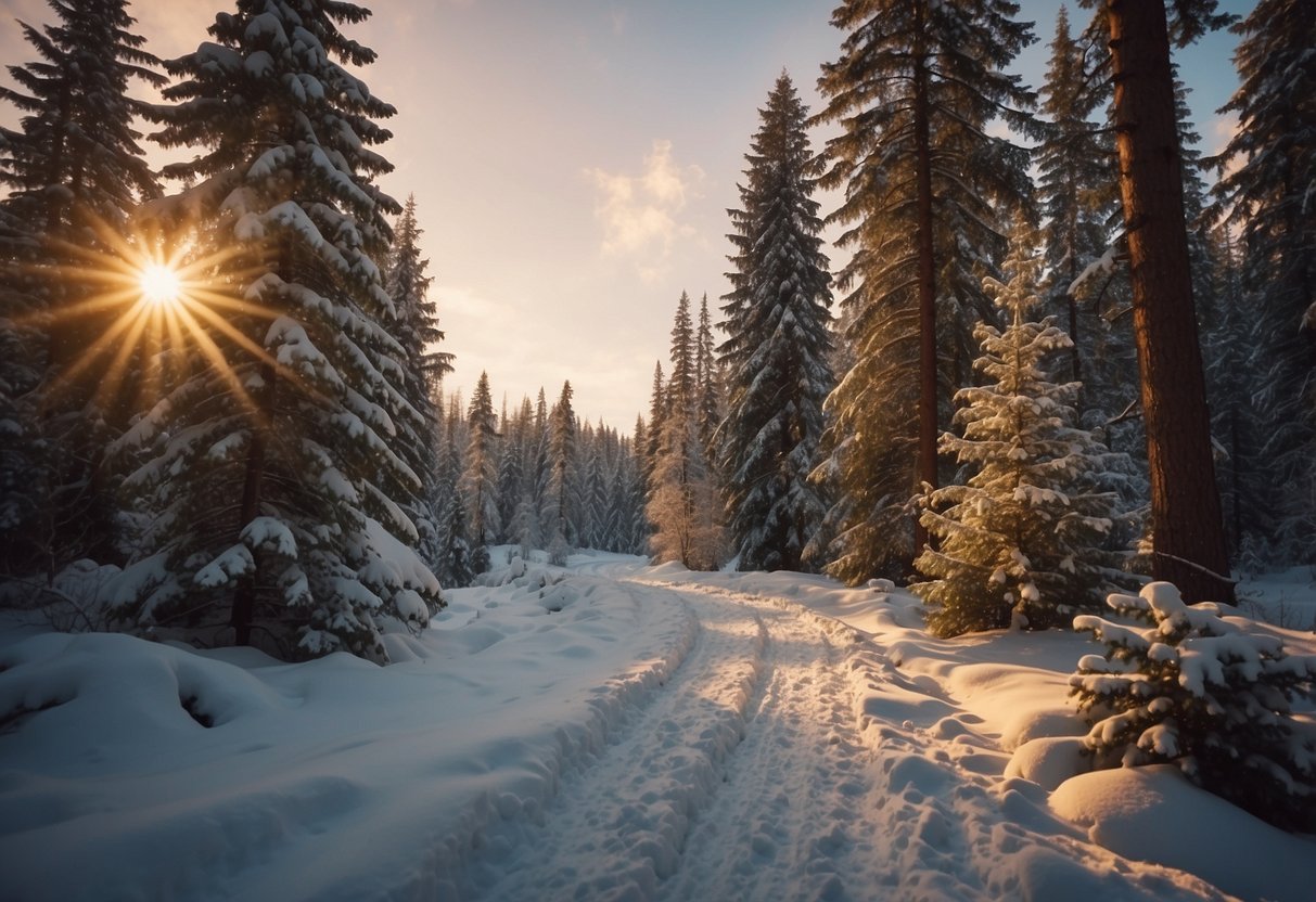 A snow-covered trail winds through a Canadian forest, with tall evergreen trees lining the path. The sun sets in the distance, casting a warm glow over the serene landscape