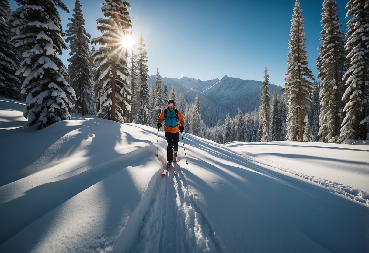 A snowy mountain trail with a clear blue sky, a cross country skier gliding effortlessly through the pristine snow, surrounded by tall pine trees and untouched wilderness