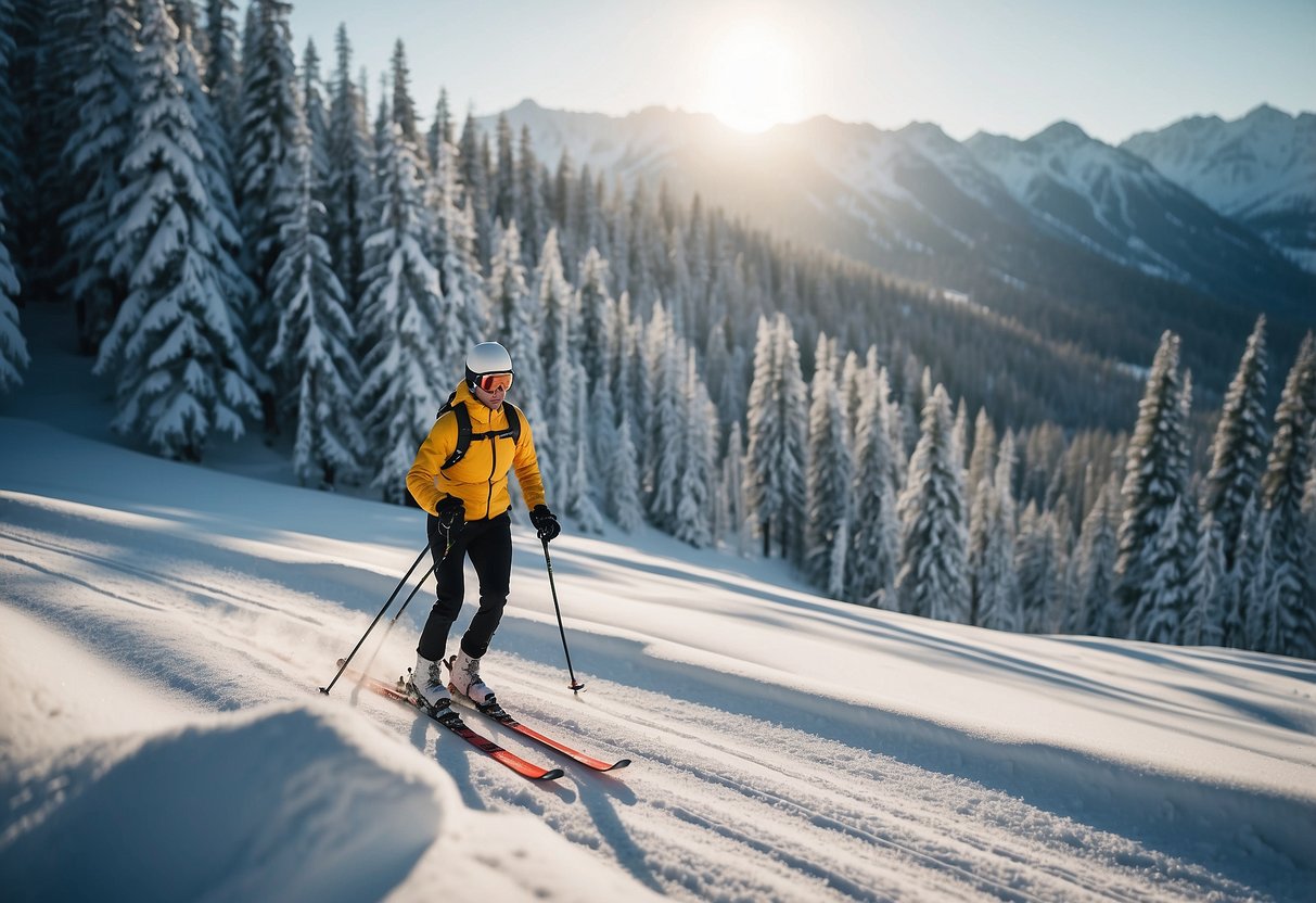 A skier in breathable layers glides across snowy trails, surrounded by pristine winter landscapes. Snow-covered trees and glistening white slopes create a serene backdrop for the cross-country skiing adventure