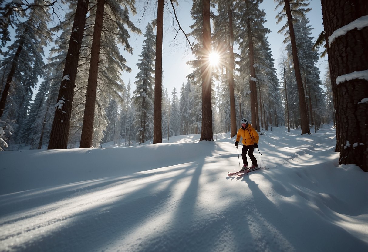 A skier wearing sweat-wicking underwear glides through snowy woods, surrounded by pristine white landscapes. Sunlight filters through the trees, casting long shadows on the glistening snow