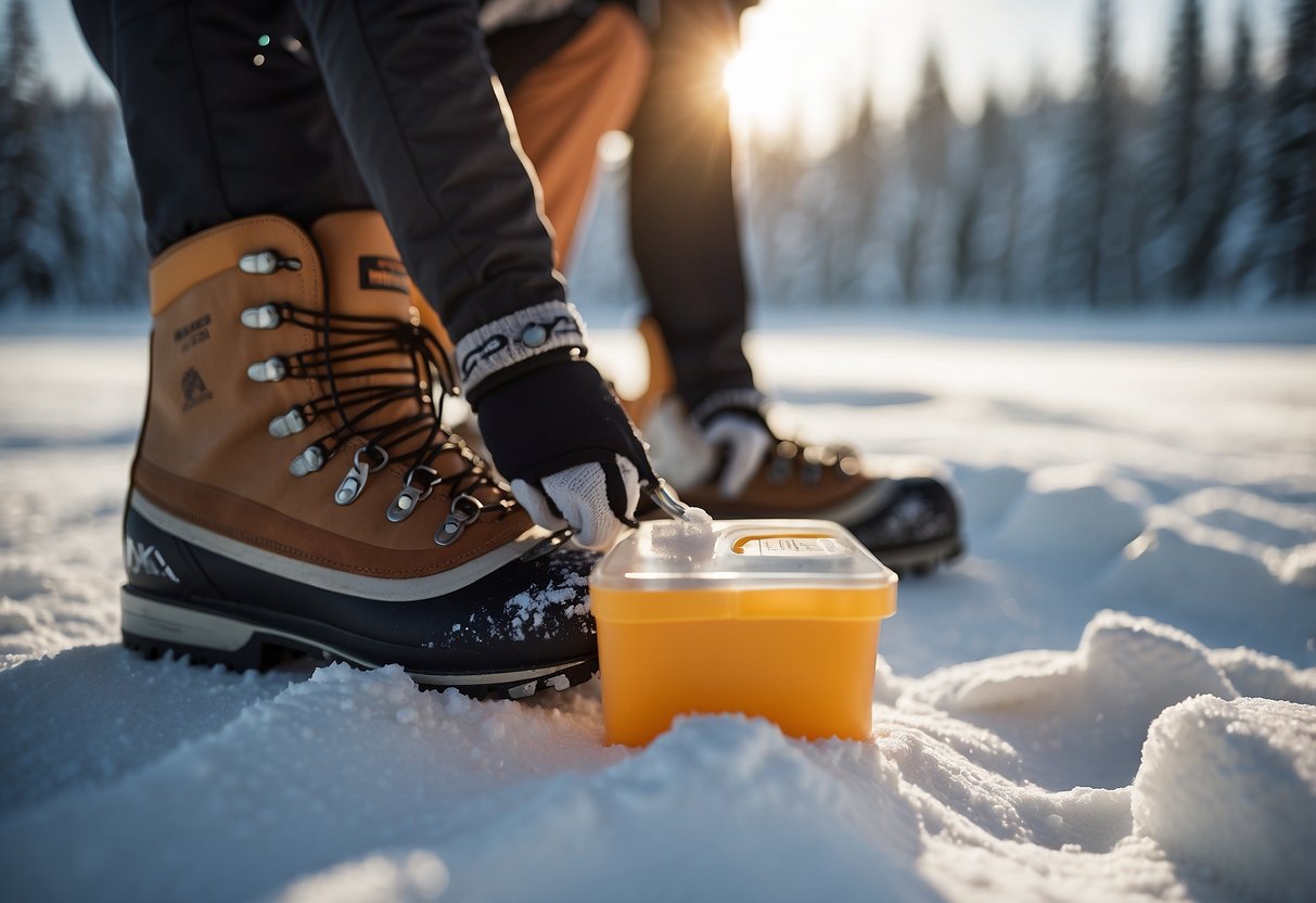 A hand applies anti-chafing balm to a ski boot before a cross country skiing trip. The snowy landscape and trees in the background set the scene for a winter adventure