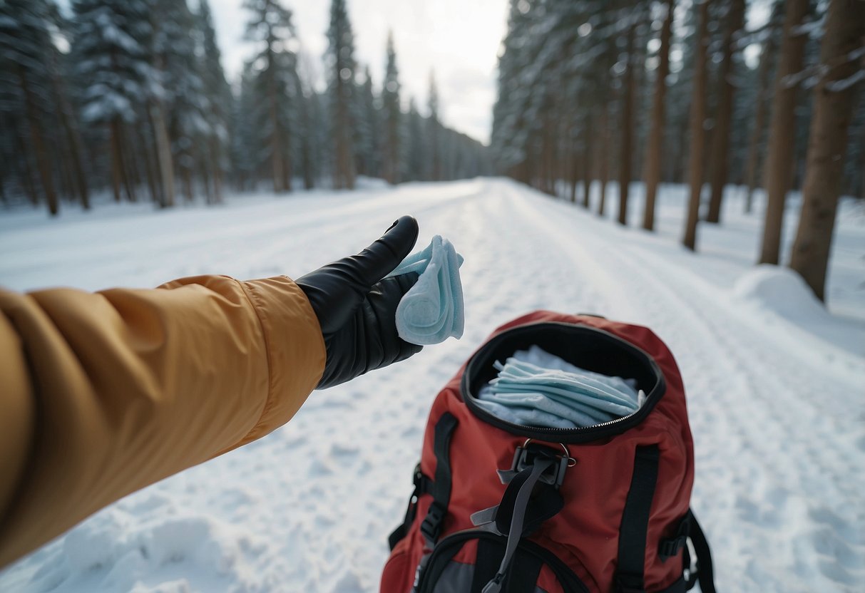 A hand reaches into a backpack, pulling out a pack of disposable wipes. Snow-covered trees and ski tracks in the background