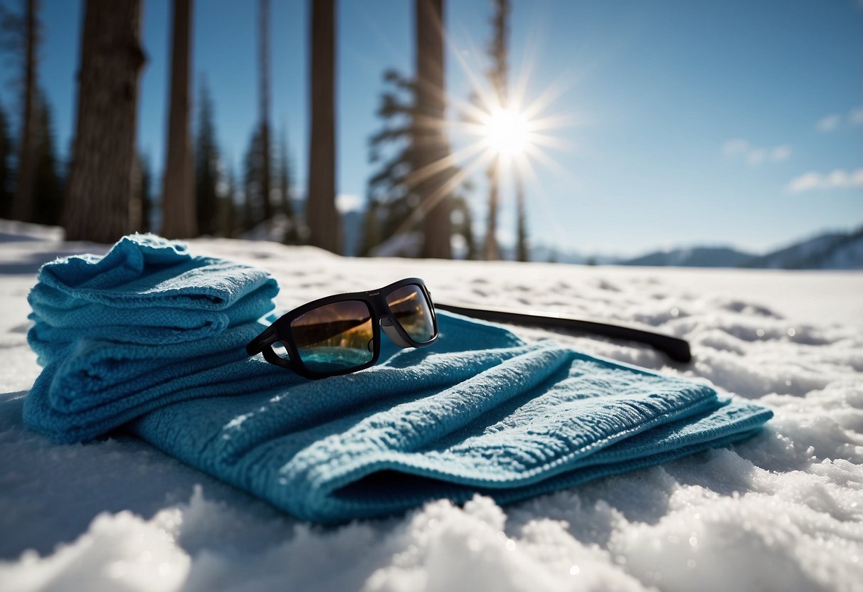 A small towel neatly folded next to ski gear, surrounded by snowy trees and a clear blue sky