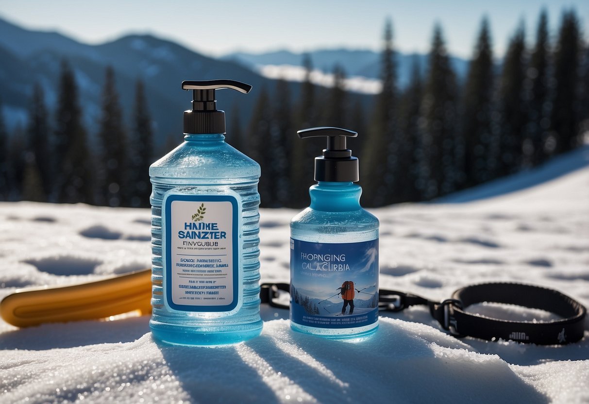 A bottle of hand sanitizer placed next to ski gear in a snowy landscape