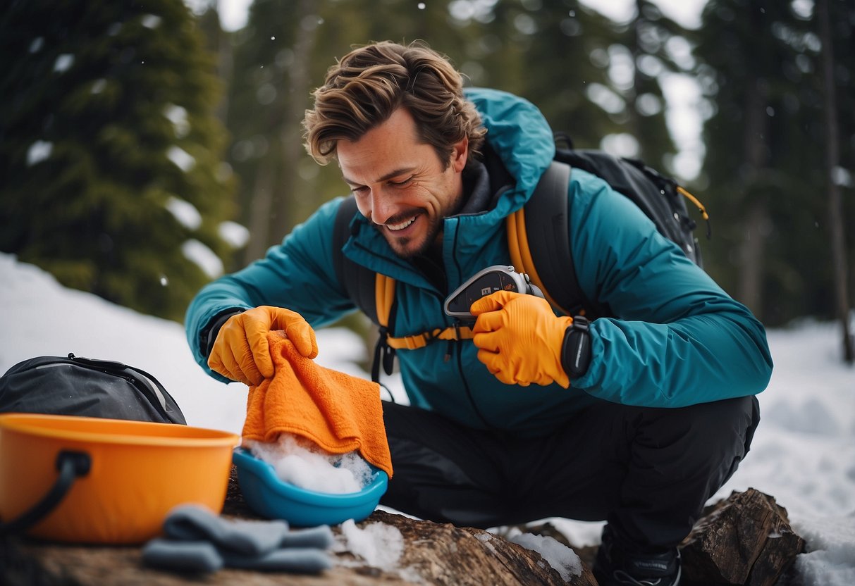 A skier diligently washes and dries their gear, including gloves, socks, and thermals. They carefully brush their teeth and pack biodegradable soap for washing in the wilderness