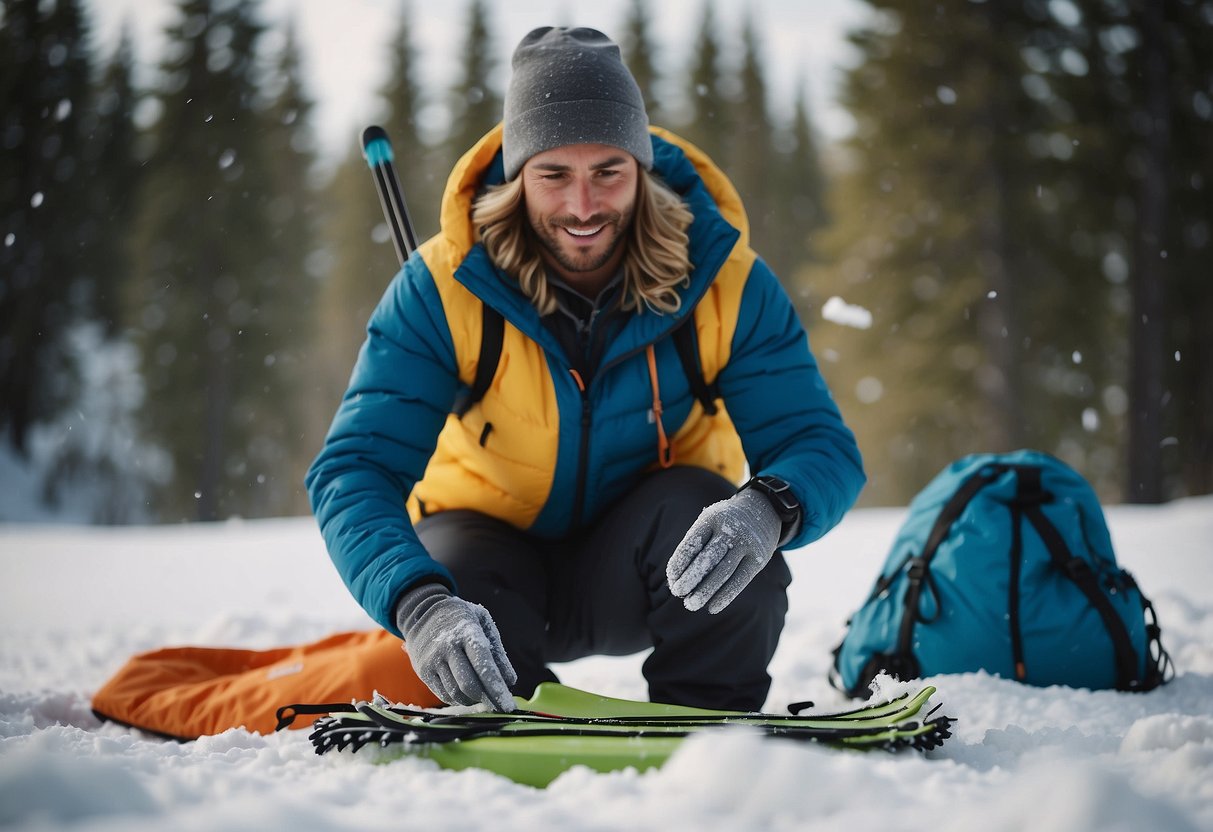 A cross country skier carefully brushes snow off their gear, wipes down their skis with a cloth, and uses a small brush to remove debris from their boots, ensuring everything is clean and ready for the next adventure