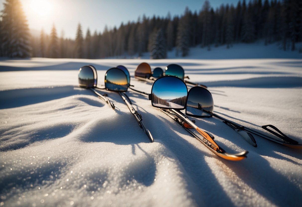 A sunny cross country skiing trail with 5 lightweight hats on display, casting shadows on the snow