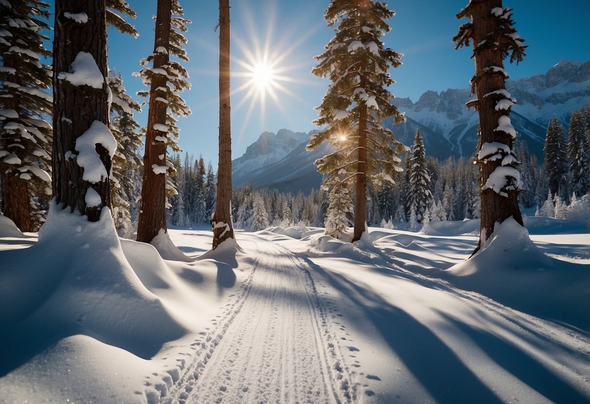 A sunny, snow-covered cross country skiing trail with the Columbia Bora Bora Booney II hats on display, casting shadows in the sunlight