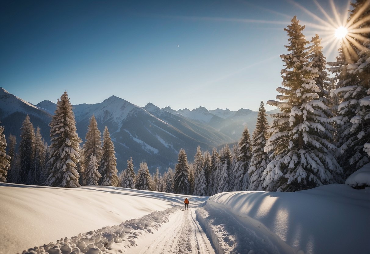 A snowy mountain landscape with a lone skier wearing the Arc'teryx Motus Hat, the sun shining brightly overhead, and trees in the background for cross country skiing