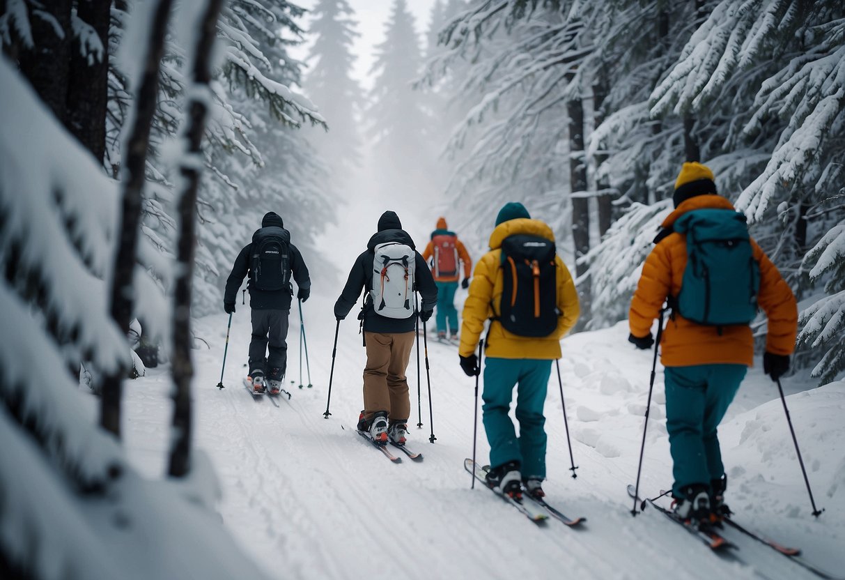 Skiers glide through snowy forest, equipped with emergency kits and communication devices. One skier signals for help while others tend to an injured companion