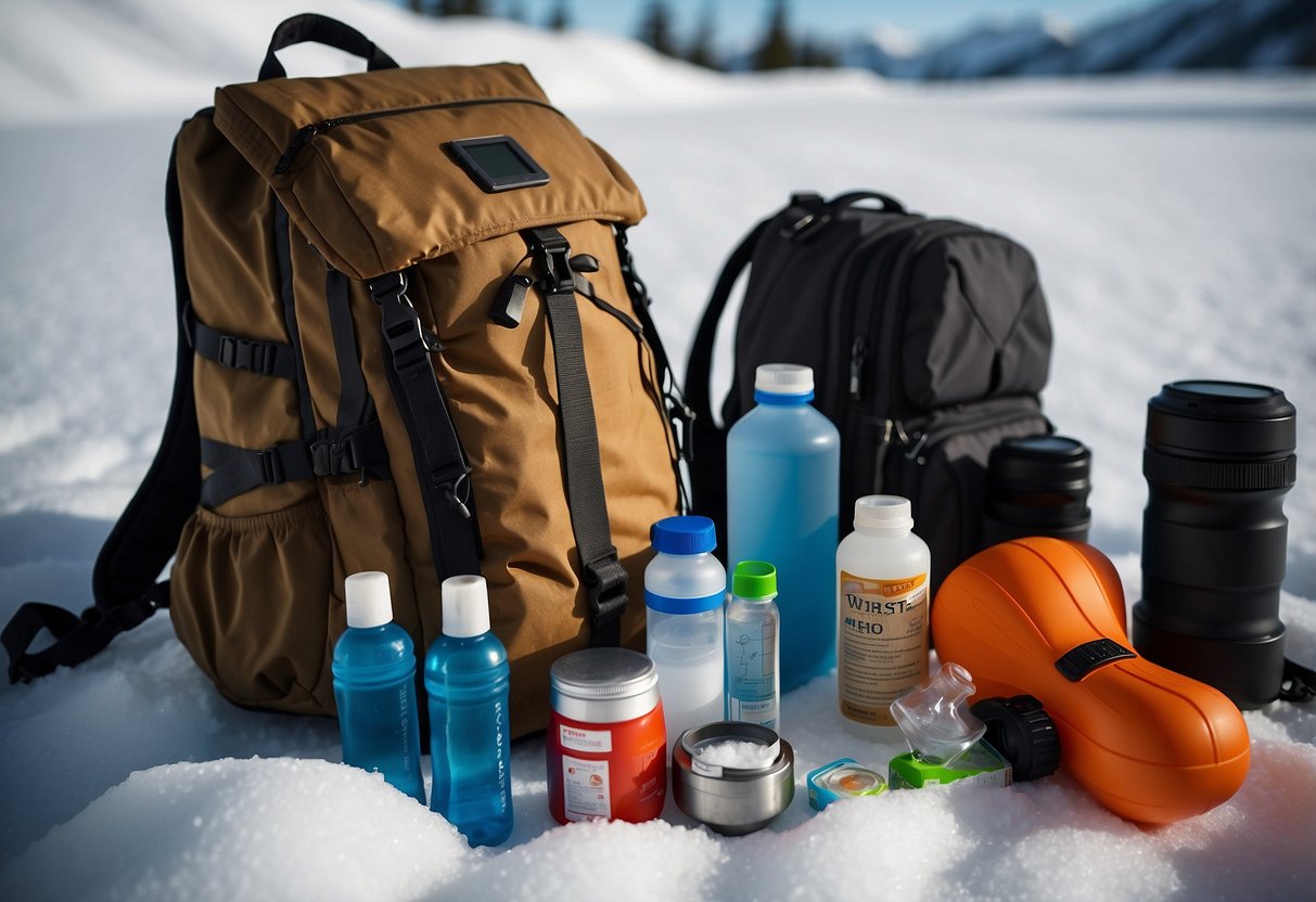 A backpack open on the snow, with items spilling out: water bottle, first aid kit, compass, energy bars, flashlight, whistle, and a map