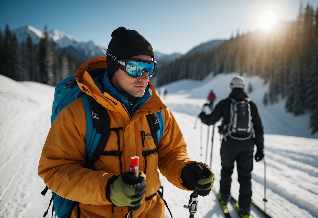 Skier checks weather, carries emergency kit, skis in snowy landscape