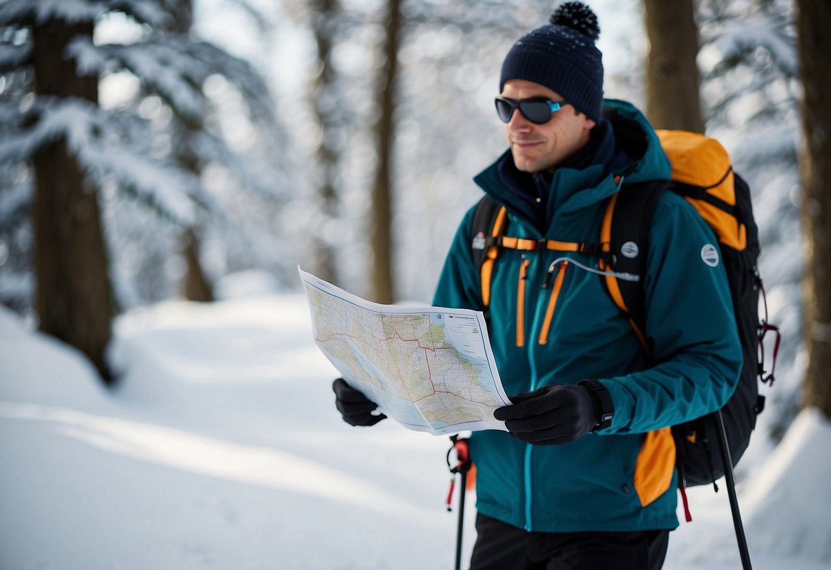 A skier holds a map and compass, surrounded by snowy trees. They stand confidently, prepared for any emergency while cross country skiing