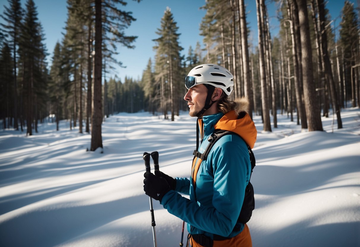 A cross country skier adjusts communication devices while skiing through snowy forest, surrounded by tall trees and a clear blue sky