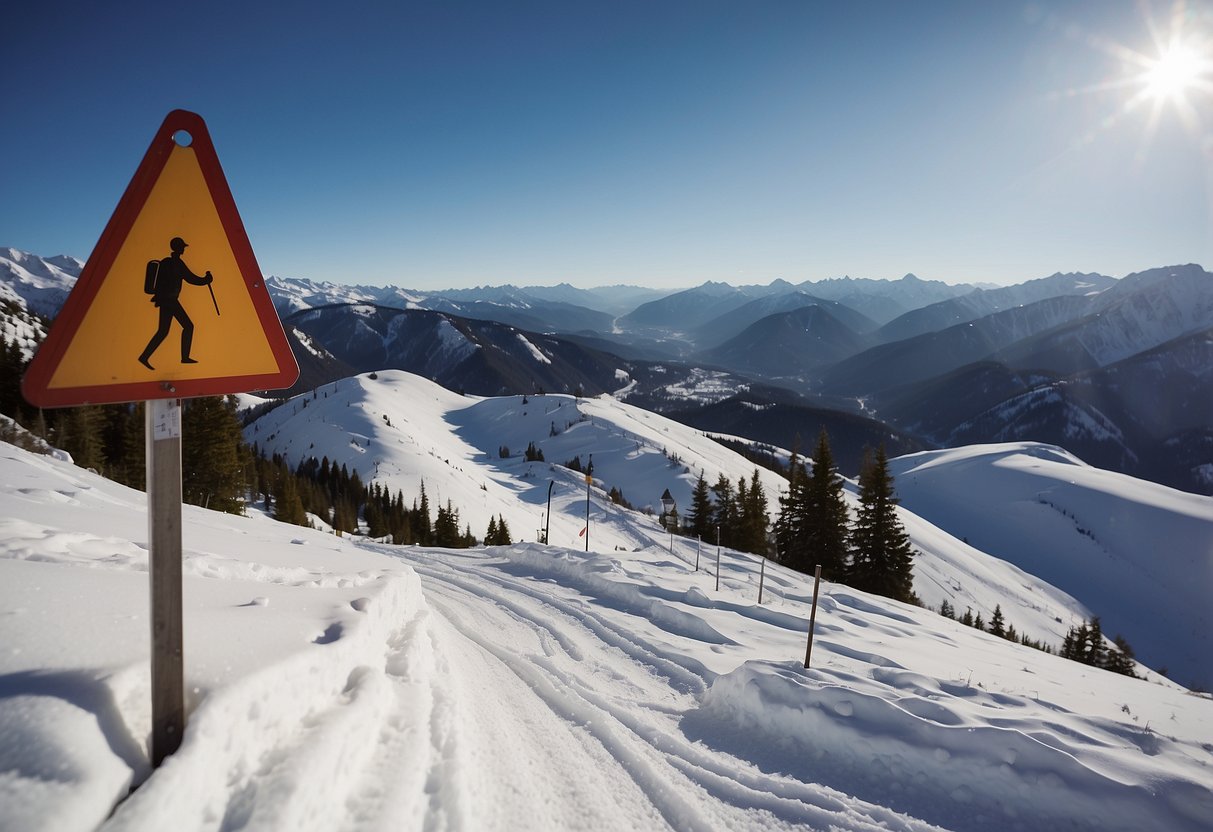 A snow-covered mountain slope with warning signs and a cross-country skier responding to an emergency