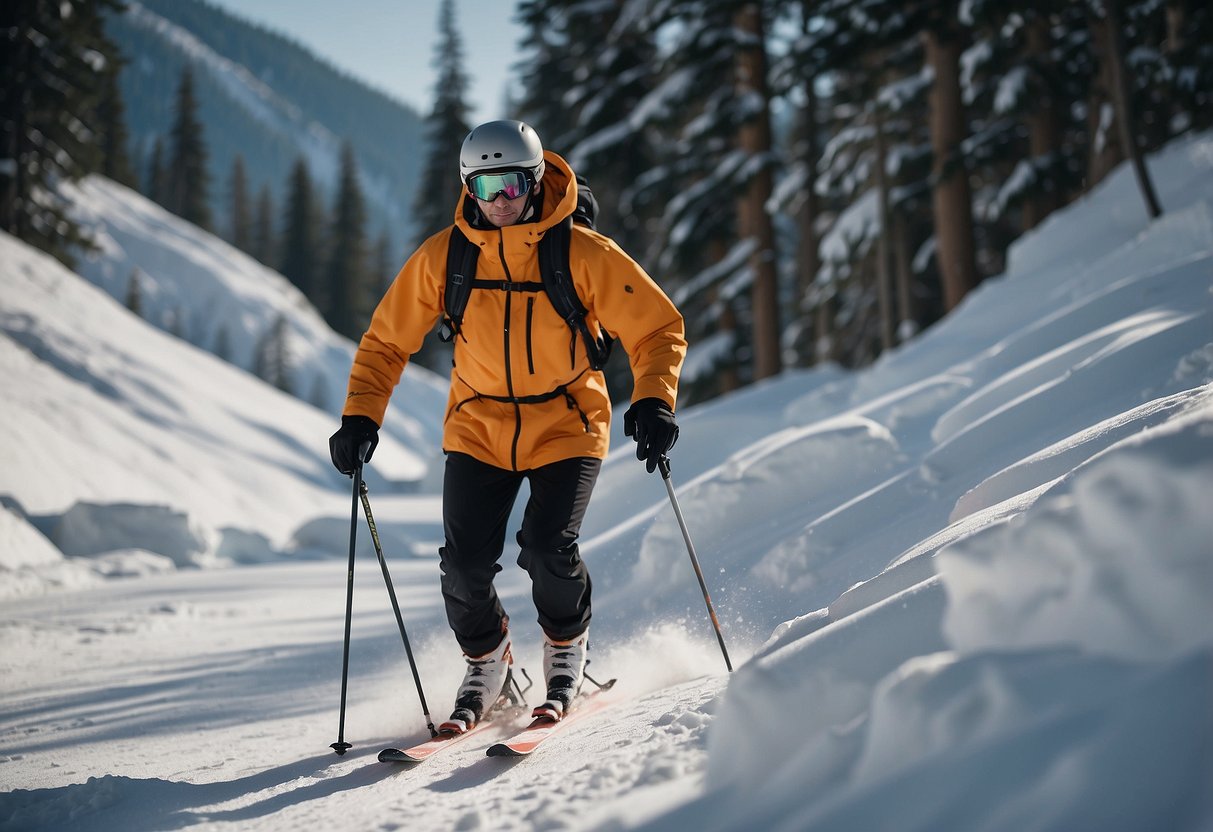 Skier follows safety tips on a snowy trail, prepared for emergencies