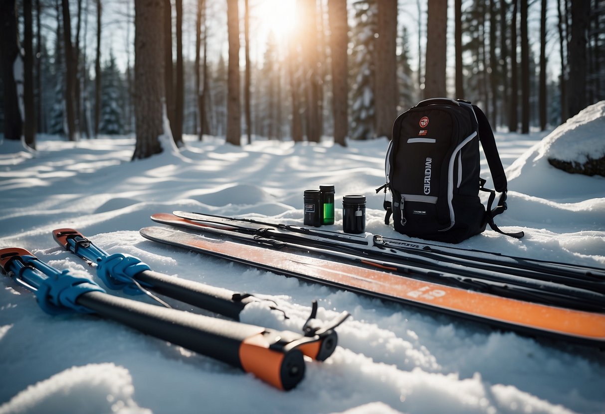 Cross country skis and poles arranged neatly near a first aid kit and emergency supplies in a snowy forest clearing