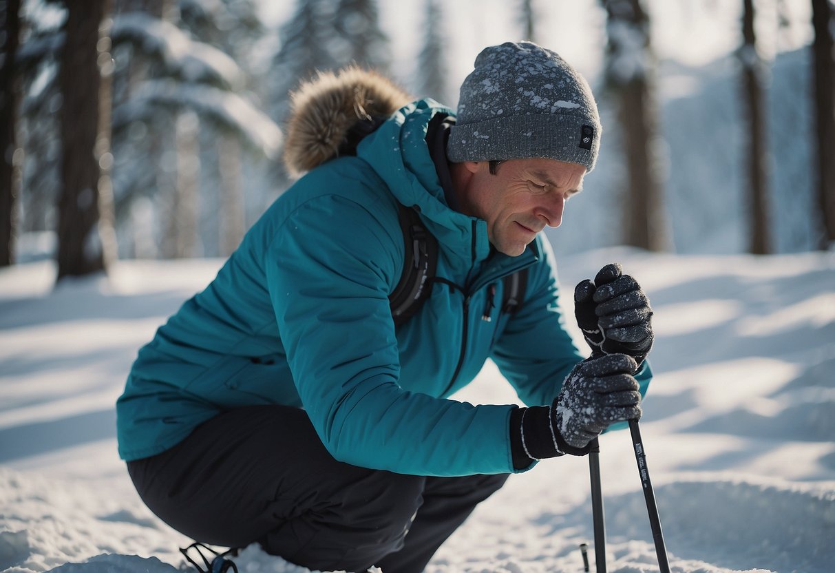 A skier applies soothing balm to their sore muscles, surrounded by snowy trees and a serene winter landscape. Ski poles and tracks mark the snowy ground