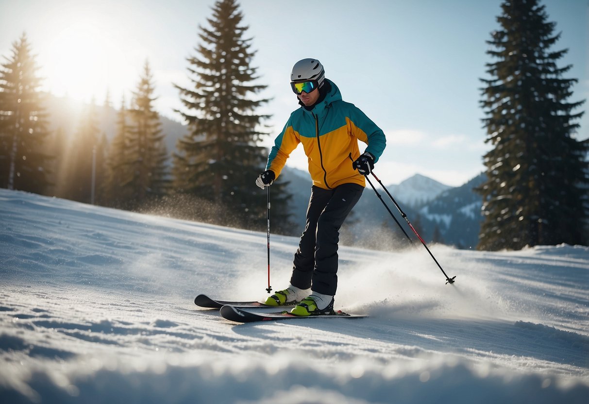 A skier glides smoothly through the snow, warming up their muscles with a gentle pace