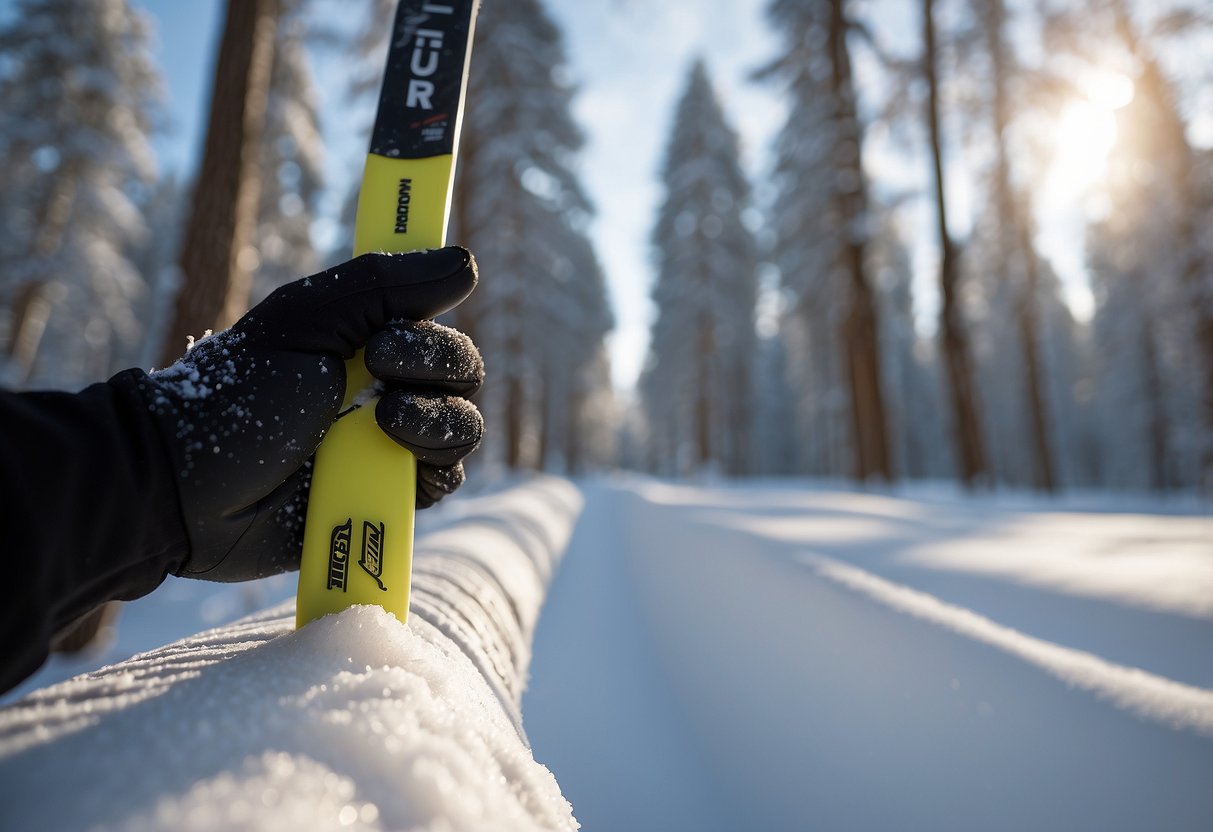 A hand reaches for a tube of muscle rub, next to a pair of cross country skis. Snow-covered trees in the background