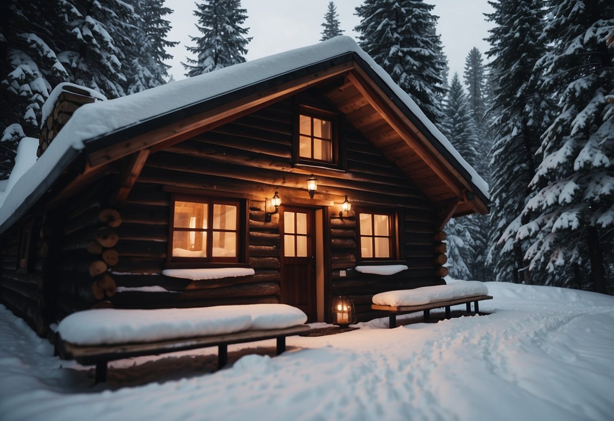 A cozy cabin nestled in a snowy forest, with a warm fire crackling in the fireplace. Outside, a pair of cross country skis lean against the wall, surrounded by the tranquil beauty of nature