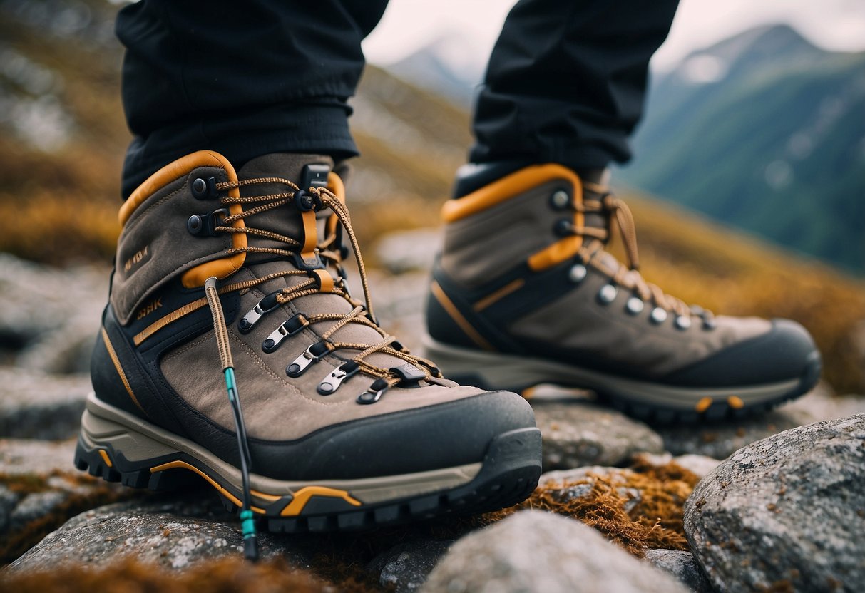 A pair of sturdy cross-country skiing shoes stand on a rugged, rocky terrain. The shoes are surrounded by jagged rocks and uneven ground, highlighting their durability and suitability for challenging terrain