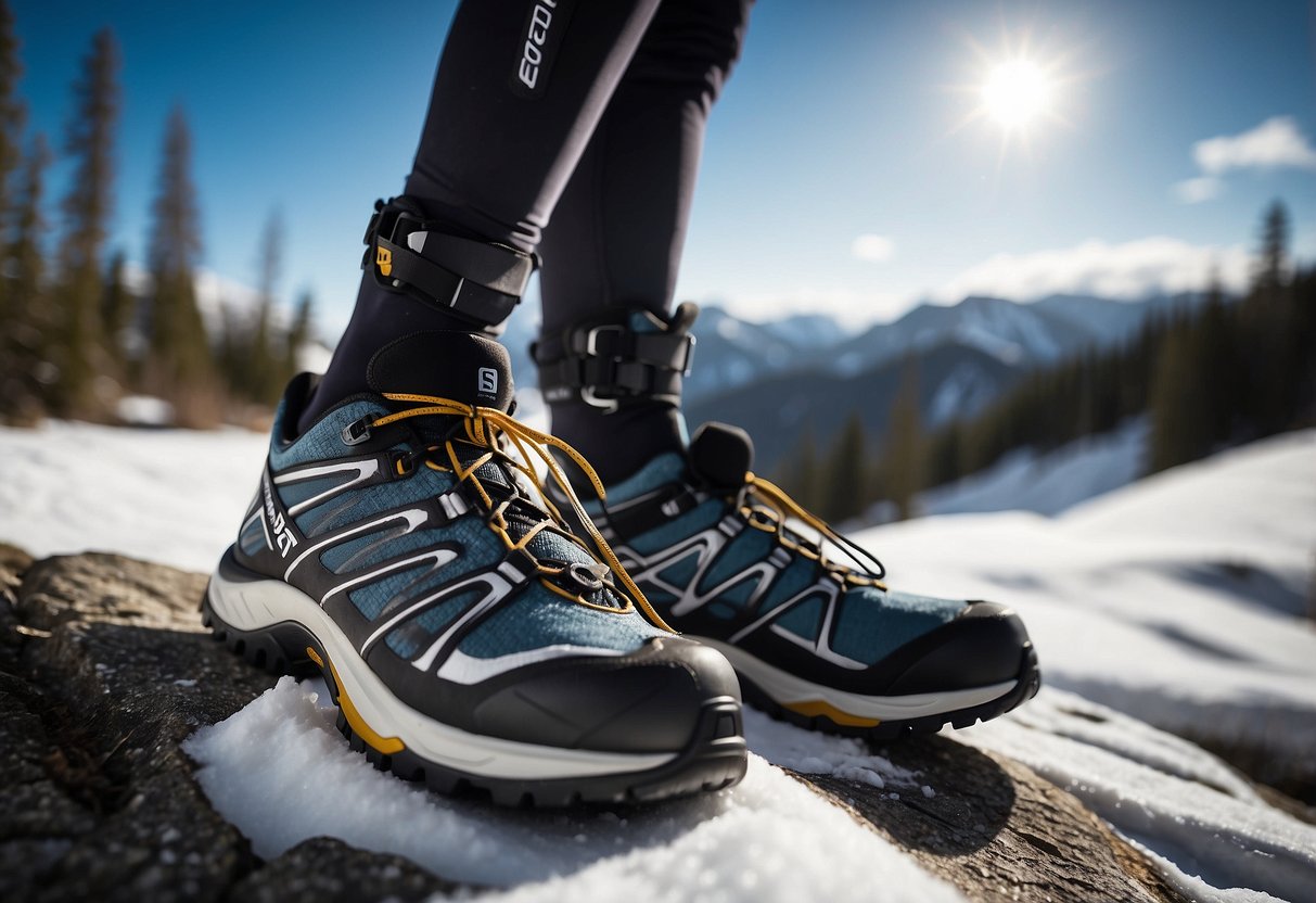 A pair of Salomon XA Pro 3D 5 shoes on a rocky cross country skiing trail, surrounded by rugged terrain and snow-covered mountains