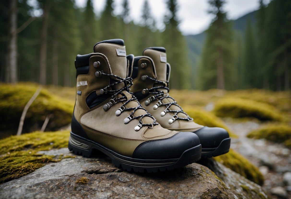 A pair of Alpina T40 Cross Country boots on rocky terrain, surrounded by pine trees and snow-covered mountains in the background