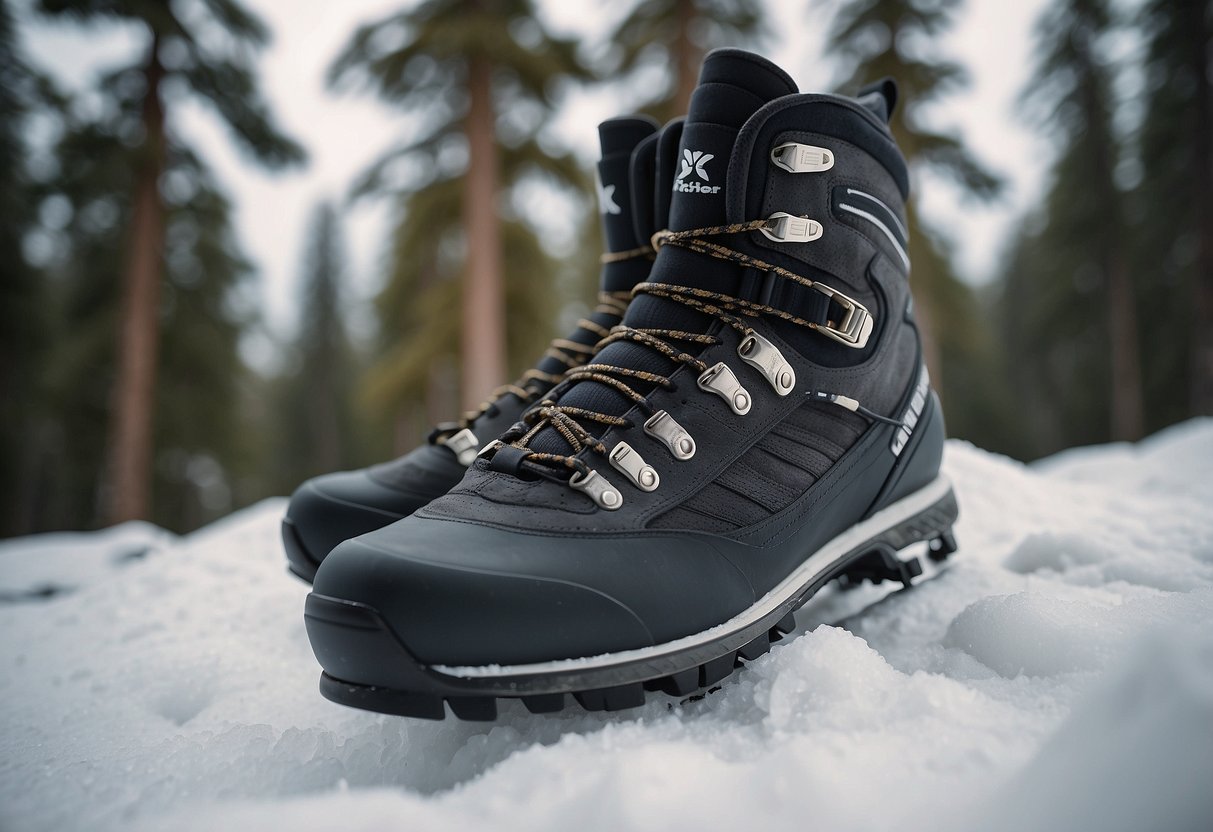 A pair of Fischer Offtrack 5 BC 5 cross country skiing shoes placed on rocky terrain, surrounded by snow and pine trees