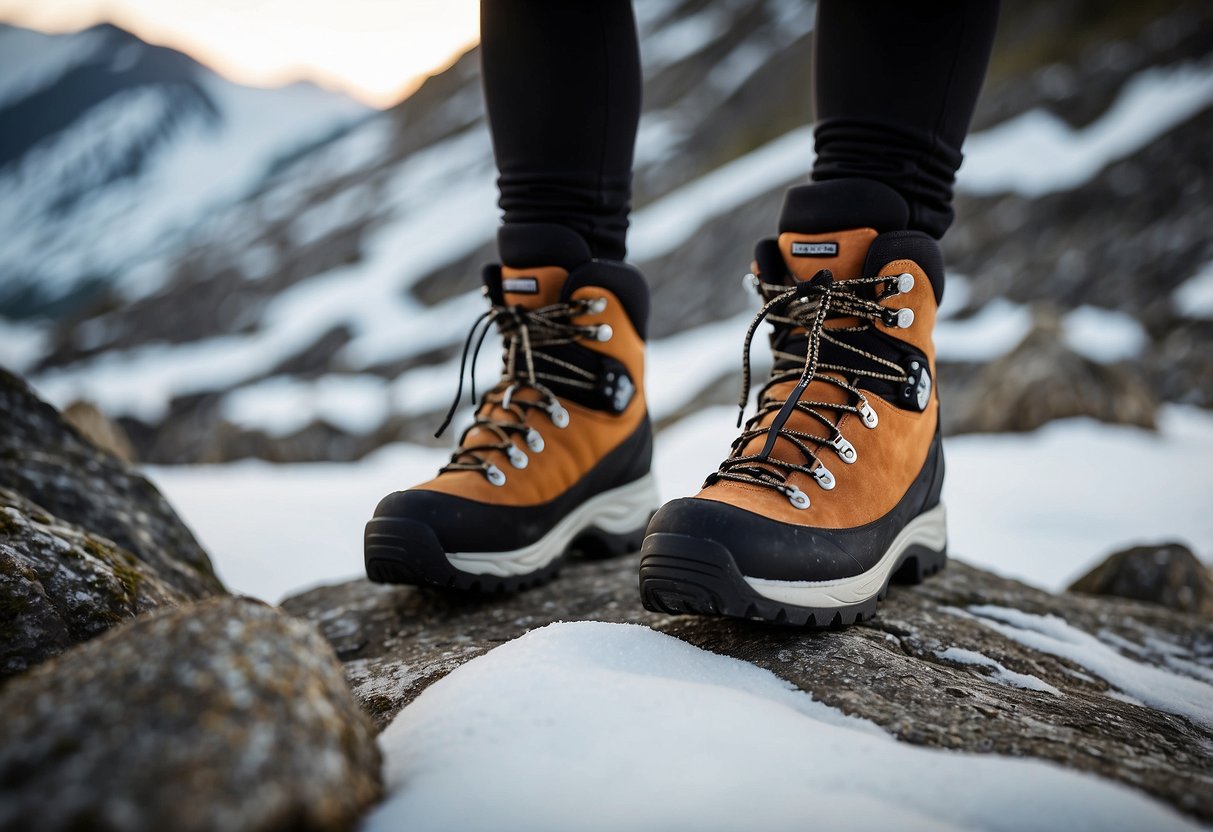 A pair of Madshus Vidda BC 5 cross country skiing shoes on a rugged, rocky terrain, ready for an outdoor adventure