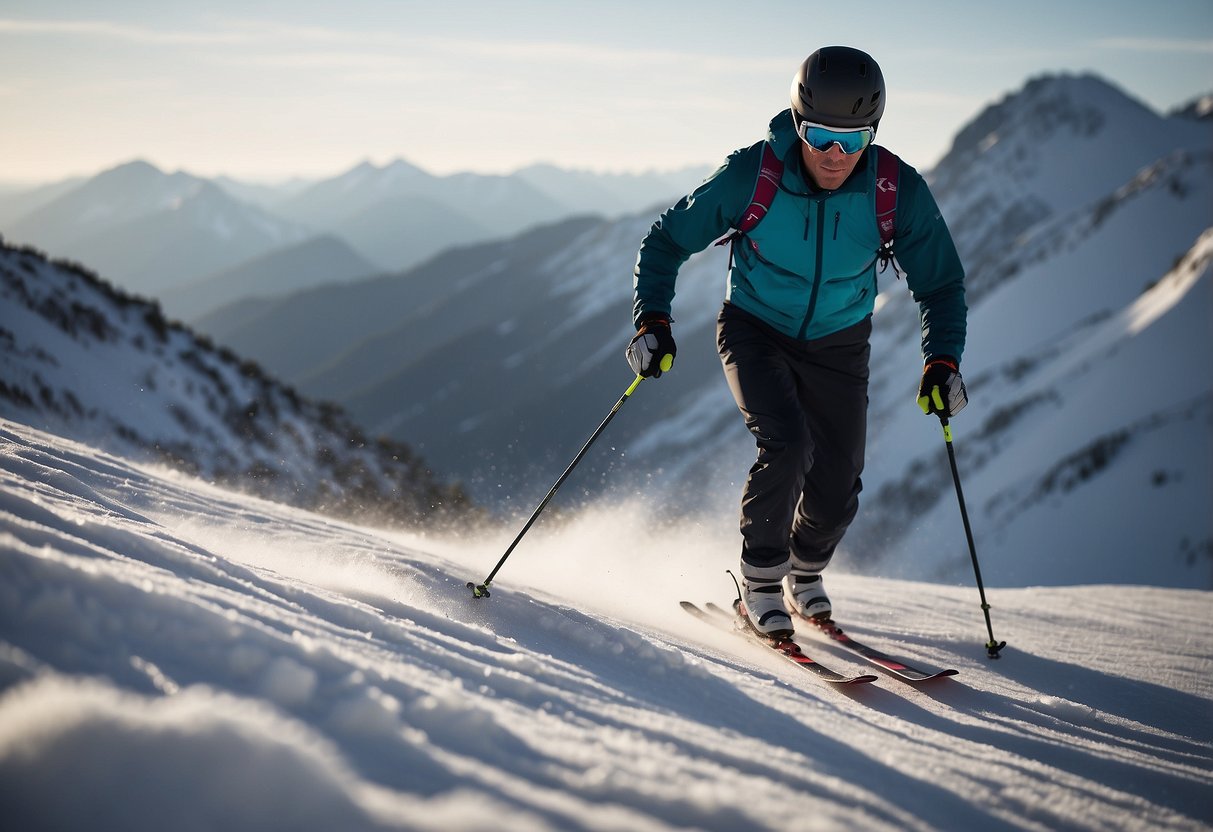 A skier glides effortlessly over rugged terrain, the rocky landscape providing a challenging yet invigorating backdrop. The specialized cross country skiing shoes grip the uneven surface, allowing for a smooth and exhilarating experience