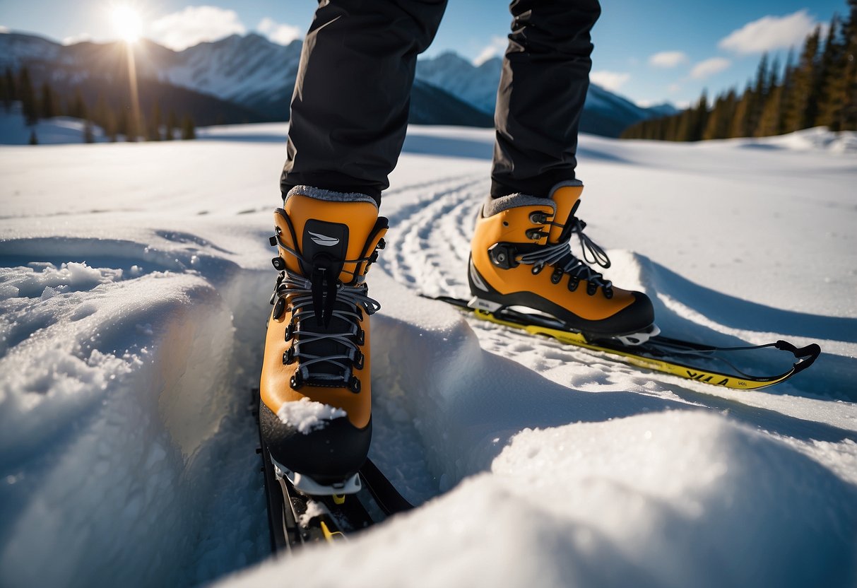 A snowy mountain landscape with rocky terrain, showcasing cross country skiing shoes with durable soles and ankle support