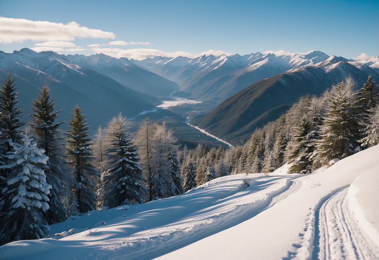 Snow-covered mountains with winding trails, surrounded by serene forests and clear blue skies. A peaceful, picturesque setting for cross country skiing in New Zealand