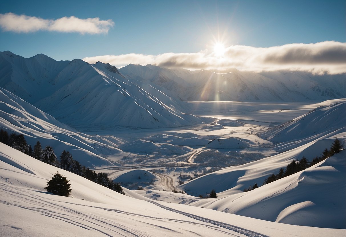 Snow-covered Mt Hutt with winding cross-country ski trails and surrounding mountain scenery in New Zealand