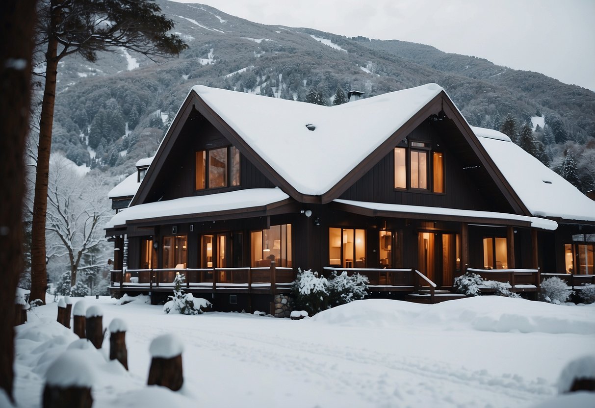 A cozy lodge nestled in the snowy mountains, surrounded by pristine cross country skiing trails in New Zealand