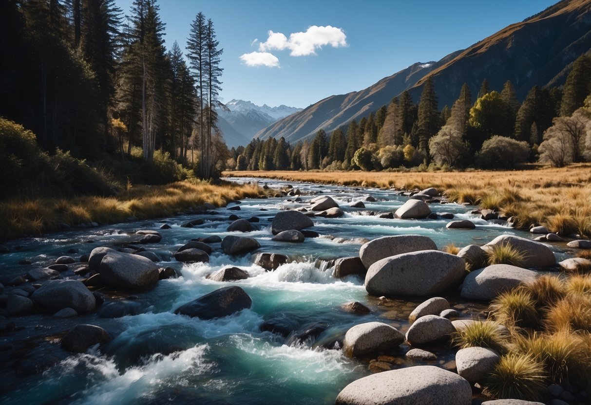 A winding river cuts through snowy mountains, bordered by tall trees and a clear blue sky, creating a picturesque cross-country skiing destination in New Zealand