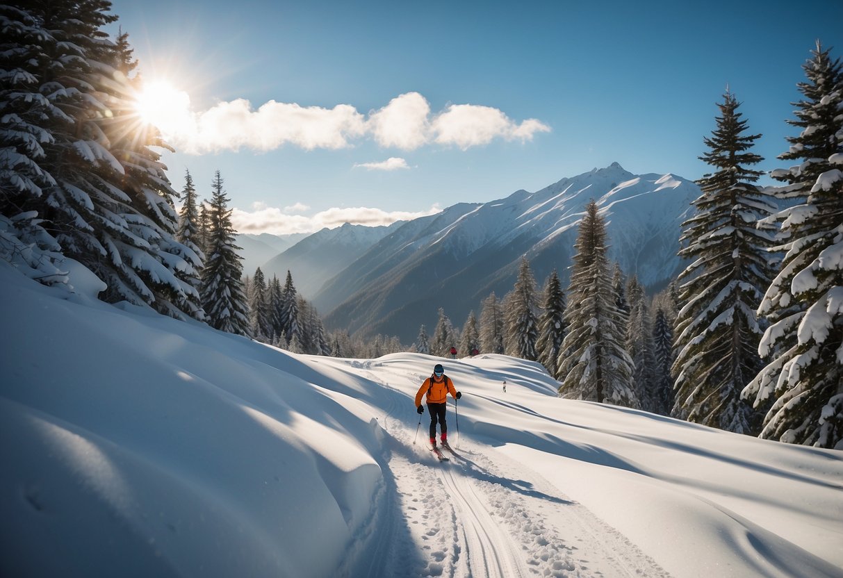 Skiers glide through snowy forests and across open fields, with mountains in the distance. Snow-covered trails wind through the serene winter landscape of New Zealand