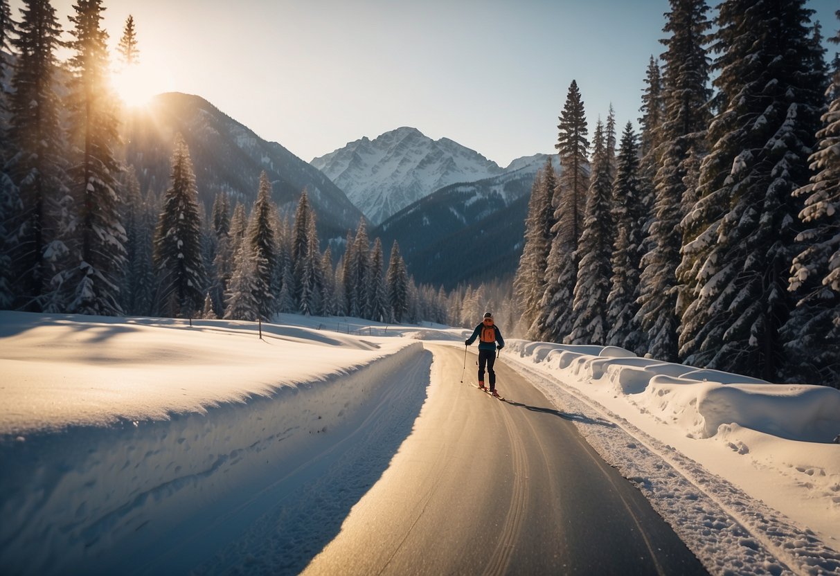 Skiers gliding through snowy, tree-lined trails. Mountains loom in the distance as the sun sets behind them. The serene, remote landscape is untouched by civilization