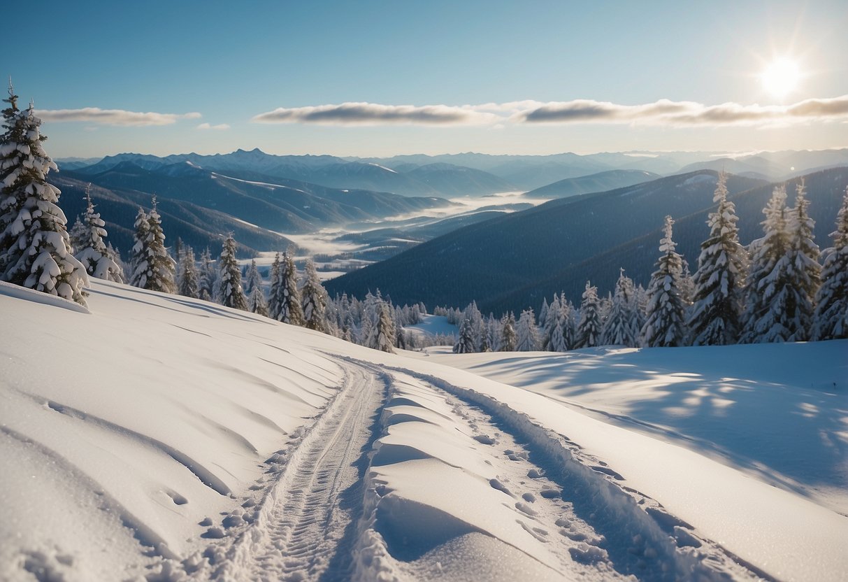 A snowy, remote landscape with a clear sky and gentle wind. Ski tracks lead off into the distance, surrounded by untouched wilderness