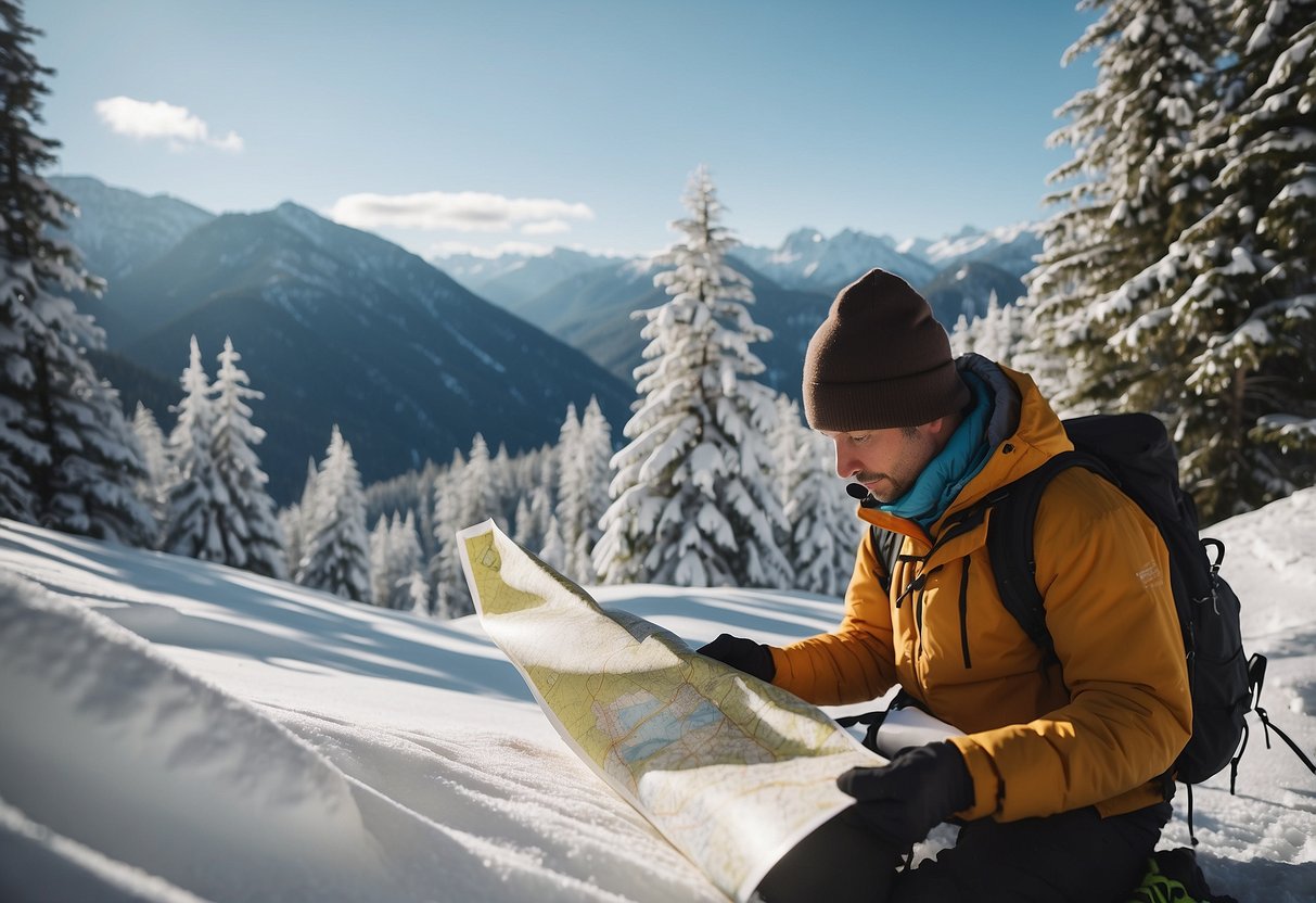 A skier carefully studies a map, surrounded by snow-covered trees and mountains, planning their cross-country route in a remote area