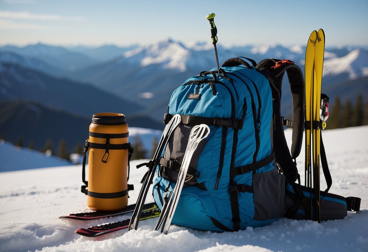 A backpack filled with emergency supplies sits next to a pair of cross country skis in a remote, snow-covered landscape