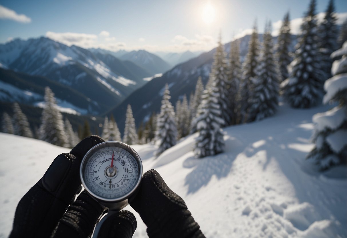 A skier uses a compass to navigate through a snowy, remote landscape. Trees and mountains surround the skier, creating a sense of isolation and adventure